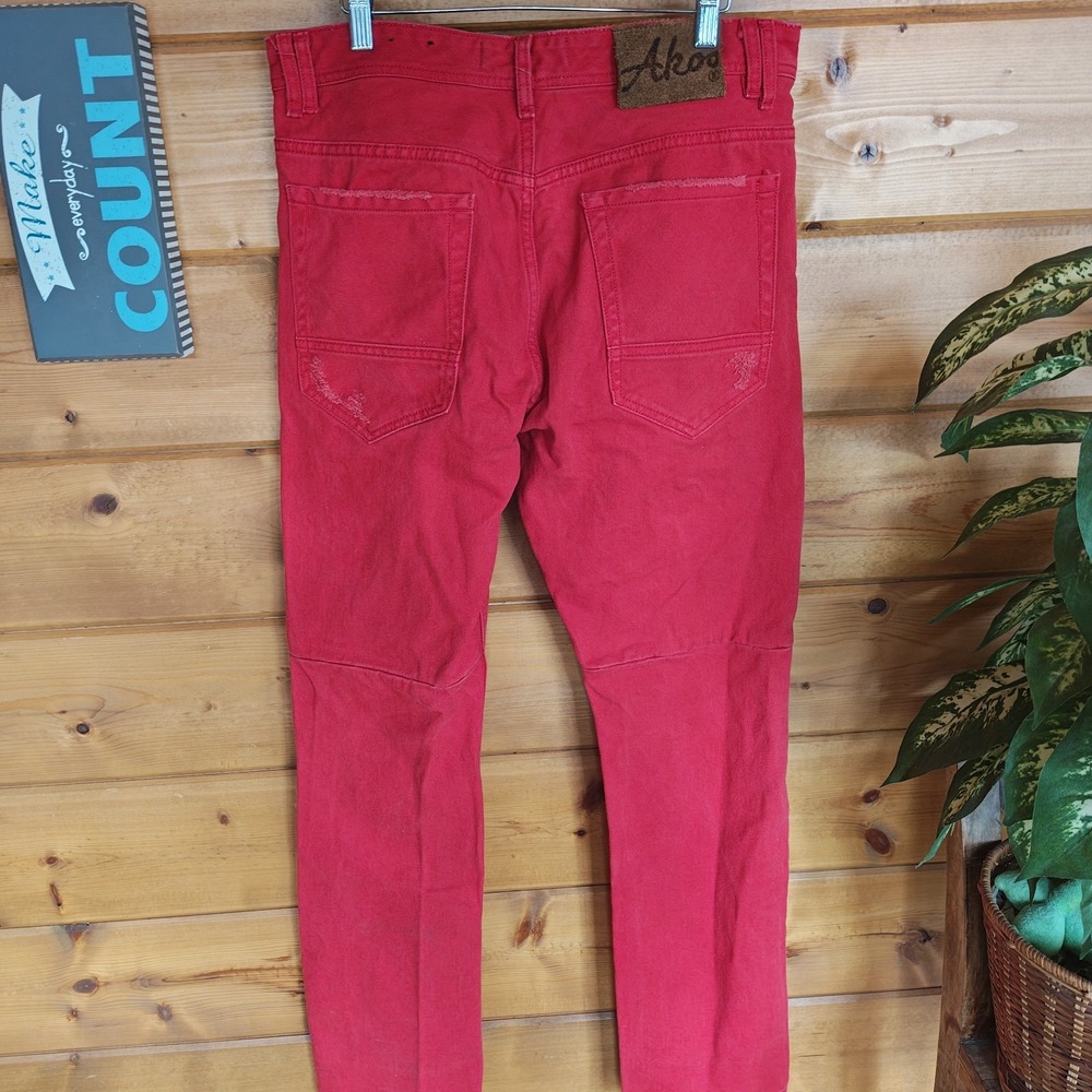 Akoo red cotton denim jeans size 34 32" inseam [Needs Cleaning] Button Fly - Picture 8 of 9